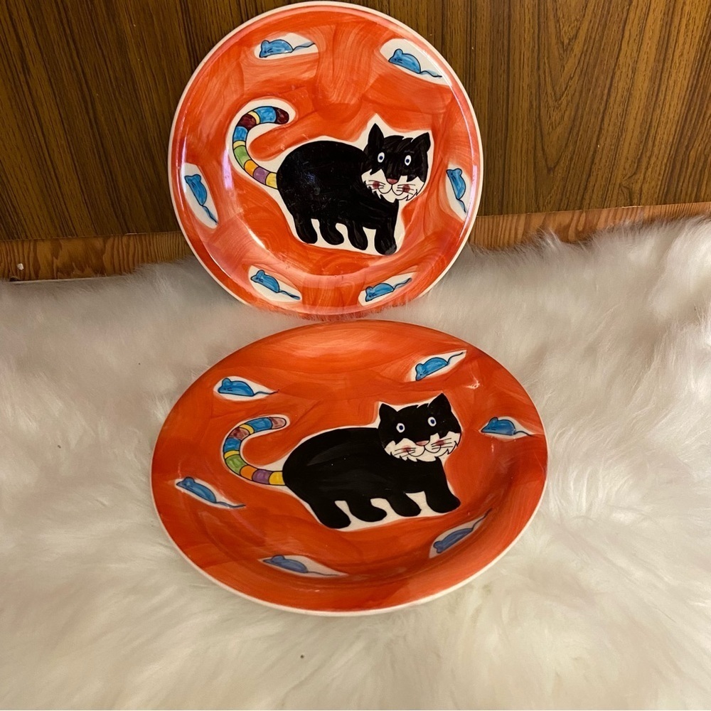 Set  of two hand painted black cat‎ small plates